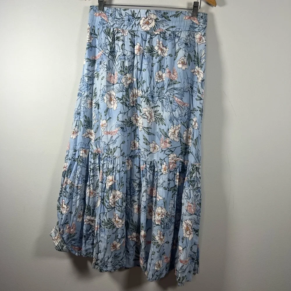 BYRD New York Midi Floral Bird Tiered Ruffle Skirt Large